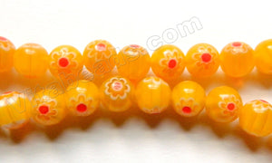  Glass Beads  -  Round  -  Dark Yellow w/ Red Flower 16"