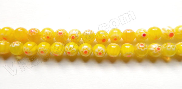  Glass Beads  -  Round  -  Lemon Yellow w/ Red Flower 16"