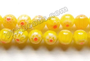  Glass Beads  -  Round  -  Lemon Yellow w/ Red Flower 16"