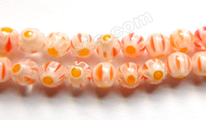  Glass Beads  -  Round  - Tangerine White w/ Yellow Flower 16"  