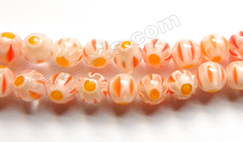  Glass Beads  -  Round  - Tangerine White w/ Yellow Flower 16"  