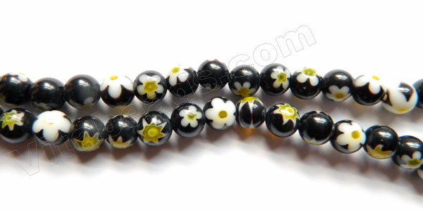  Glass Beads  -  Round  -  Black w/ Yellow Daisy Flower 16"