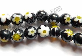  Glass Beads  -  Round  -  Black w/ Yellow Daisy Flower 16"