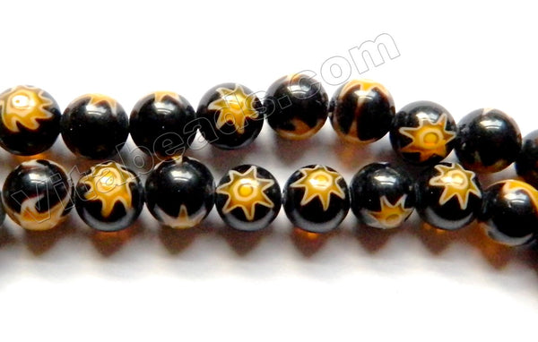  Glass Beads  -  Round  -  Black w/ Yellow Star 16"  