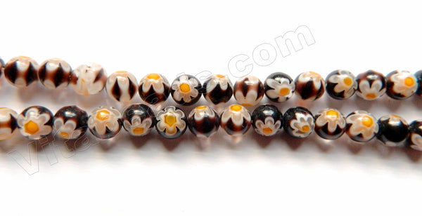  Glass Beads  -  Round  -  Black Maroon w/ Yellow Flower 16"