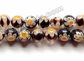  Glass Beads  -  Round  -  Black Maroon w/ Yellow Flower 16"