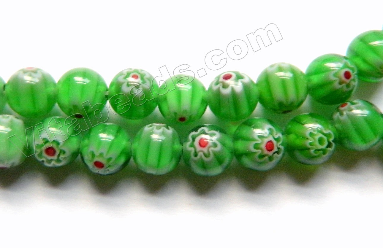  Glass Beads  -  Round  -  Green w/ Red Flower 16"  