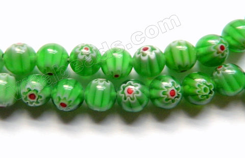  Glass Beads  -  Round  -  Green w/ Red Flower 16"  