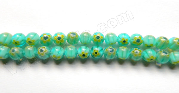   Glass Beads  -  Round  -  Turquoise Blue w/ Yellow Flower 16"