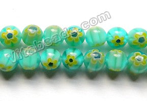   Glass Beads  -  Round  -  Turquoise Blue w/ Yellow Flower 16"