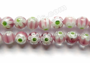  Glass Beads  -  Round  -  Light Red Fluorite w/ Green Flower 16"  