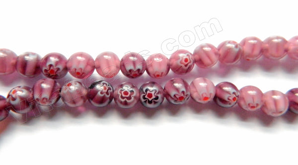  Glass Beads  -  Round  -  Red Fluorite w/ Red Flower 16"