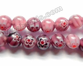  Glass Beads  -  Round  -  Red Fluorite w/ Red Flower 16"