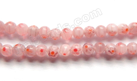  Glass Beads  -  Round  -  Light Red Fluorite w/ Red Flower 15"  