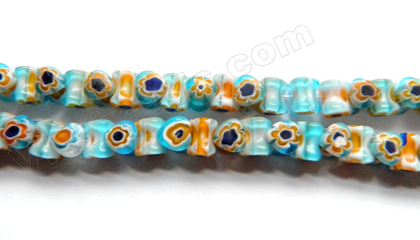  Glass Beads  -  Bone - TQ Blue w/ Brown Flower   16"