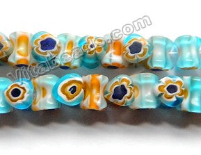  Glass Beads  -  Bone - TQ Blue w/ Brown Flower   16"