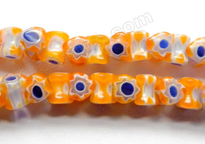 Glass Beads  -  Bone - Dark Yellow w/ Blue Flower   16"