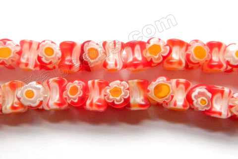  Glass Beads  -  Bone - White Red w/ Yellow Flower   16"