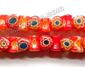 Glass Beads  -  Bone - Dark Red w/ Blue Flower 16"