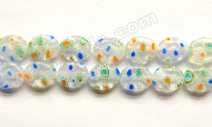 Glass Beads  -  Puff Oval - Clear White w/ Mixed Flower 16"