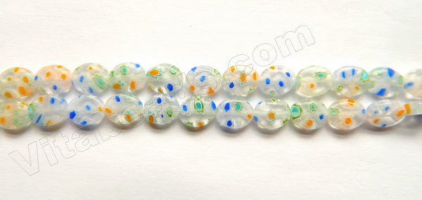  Glass Beads  -  Puff Oval - Clear White w/ Mixed Flower 16"