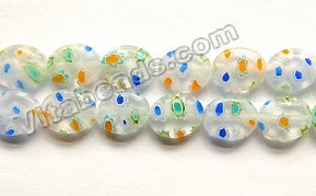  Glass Beads  -  Puff Oval - Clear White w/ Mixed Flower 16"