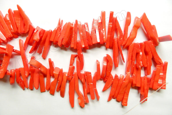 Bright Orange Bamboo Coral  -  Thin Long Stick Beads Top Drill  9"   