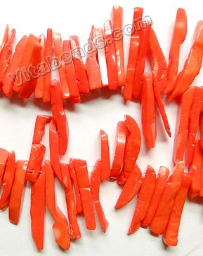 Bright Orange Bamboo Coral  -  Thin Long Stick Beads Top Drill  9"   