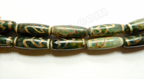 DZi Agate Antique Green  -  Smooth Long Rice Drums w/ Lotus Flower Design 12"