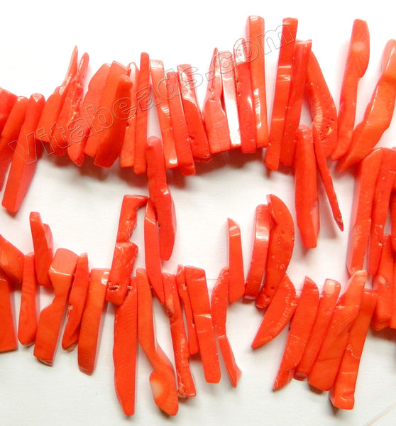 Bright Orange Bamboo Coral  -  Thin Long Stick Beads Top Drill  9"   