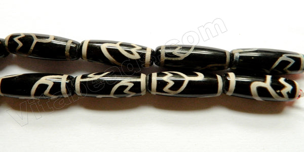 DZi Agate Black  -  Smooth Long Rice Drums w/ Lotus Flower Design 12"