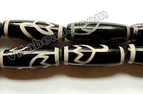 DZi Agate Black  -  Smooth Long Rice Drums w/ Lotus Flower Design 12"