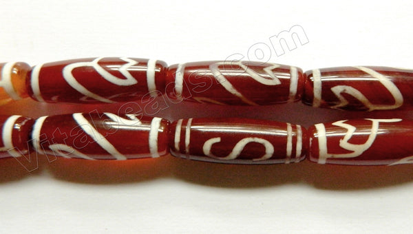 DZi Agate Red  -  Smooth Long Rice Drums w/ Lotus Flower Design 12"