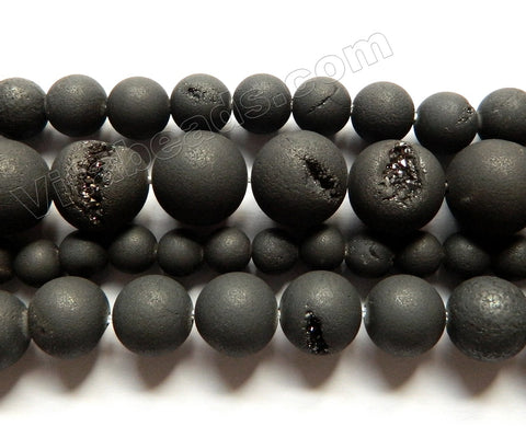 Frosted Black Druzy Crystal Quartz  -  Smooth Round Beads  15"