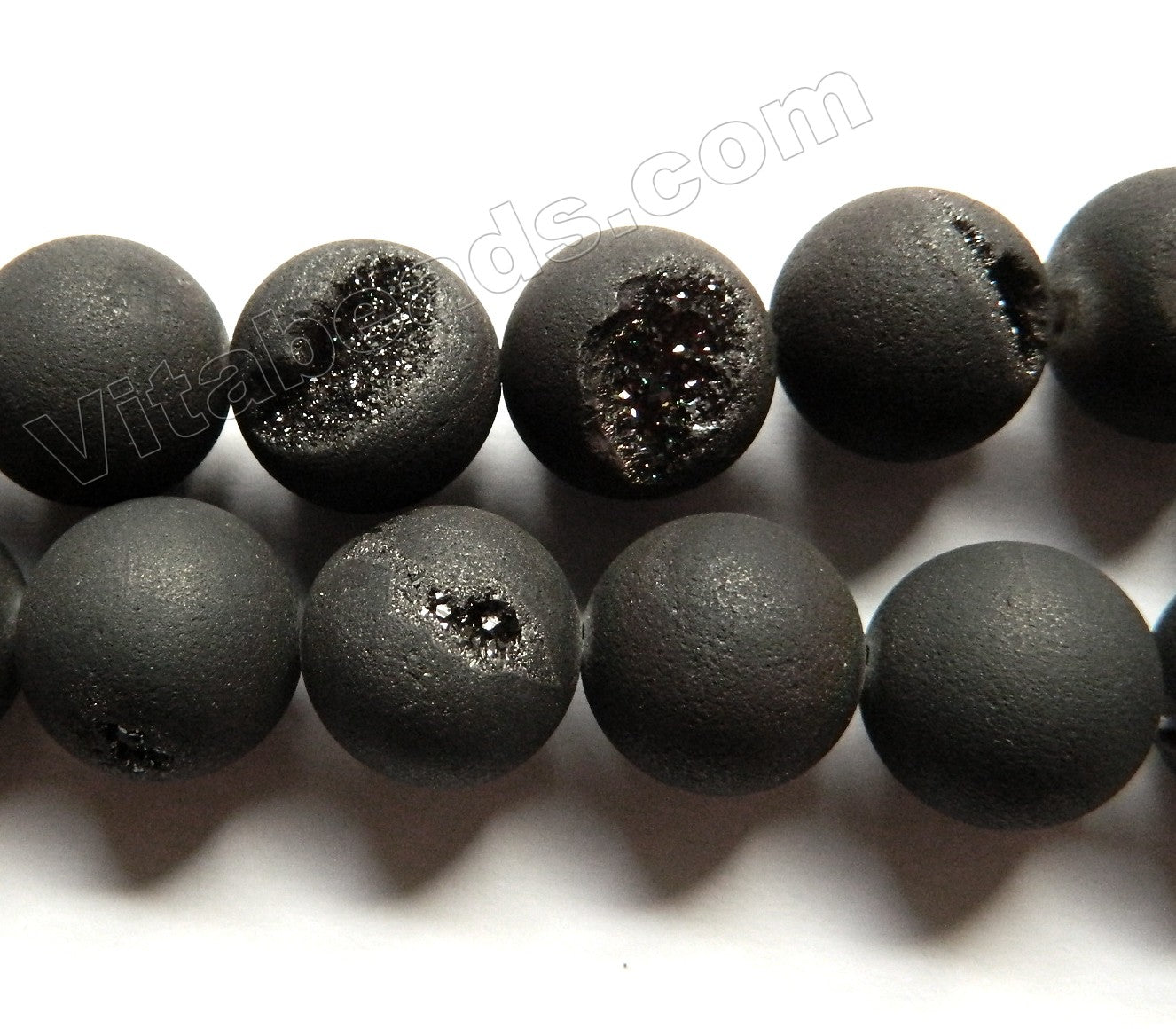 Frosted Black Druzy Crystal Quartz  -  Smooth Round Beads  15"