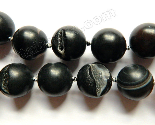 Matte Black Sardonix Agate with Druzy Quartz  -  Big Smooth Round w/ Knots 16"