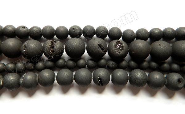 Frosted Black Druzy Crystal Quartz  -  Smooth Round Beads  15"