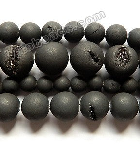 Frosted Black Druzy Crystal Quartz  -  Smooth Round Beads  15"