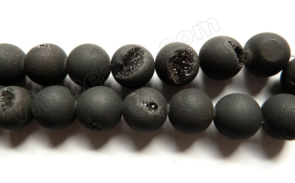 Frosted Black Druzy Crystal Quartz  -  Smooth Round Beads  15"