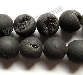 Frosted Black Druzy Crystal Quartz  -  Smooth Round Beads  15"