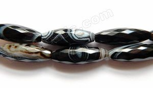 Black Sardonix Agate AAA  -  Faceted Long Rice  16"