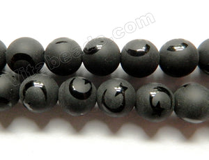 Frosted Black Onyx  -  Moon & Star Designed Round Beads 15"