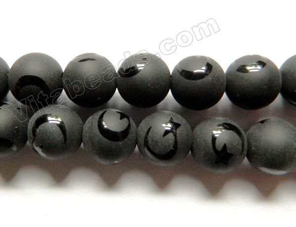 Frosted Black Onyx  -  Moon & Star Designed Round Beads 15"