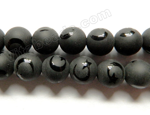 Frosted Black Onyx  -  Moon & Star Designed Round Beads 15"