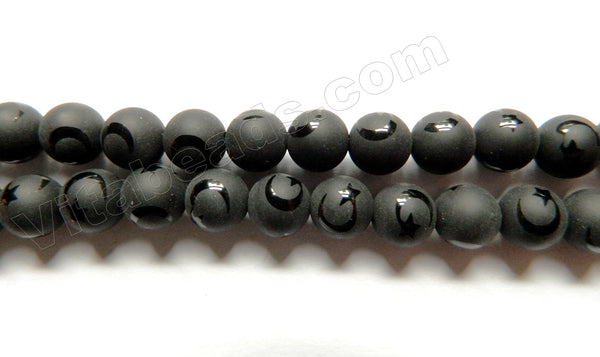Frosted Black Onyx  -  Moon & Star Designed Round Beads 15"