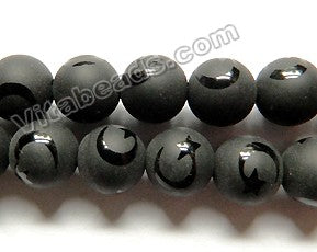 Frosted Black Onyx  -  Moon & Star Designed Round Beads 15"