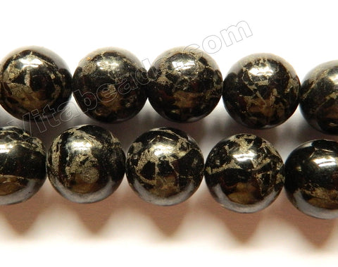 Black Prase Pyrite  -  Big Smooth Round Beads 16"