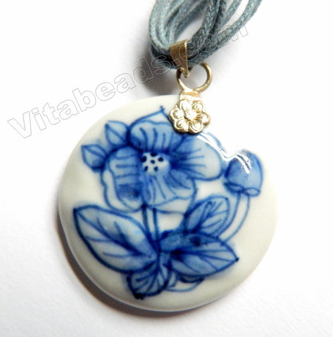 Blue & White Porcelain -  Lotus Smooth Round Pendant Necklace