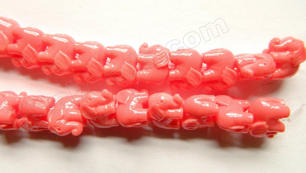 Salmon Pink Colored Resin  -  Carved Elephant Beads Strand  15"