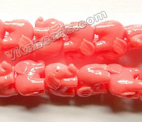 Salmon Pink Colored Resin  -  Carved Elephant Beads Strand  15"